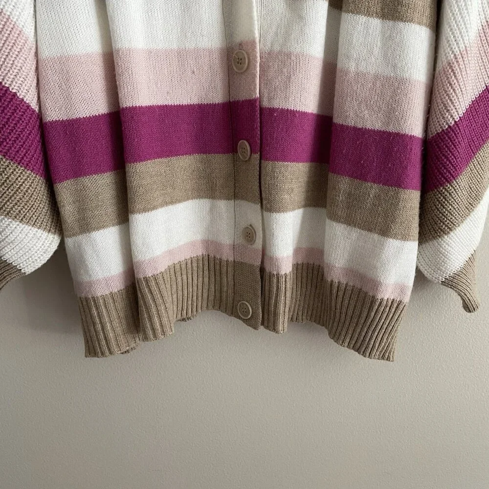 Lane Bryant Women 22/24 Stripe V-Neck 3/4 Balloon Sleeve Ribbed Cropped Cardigan